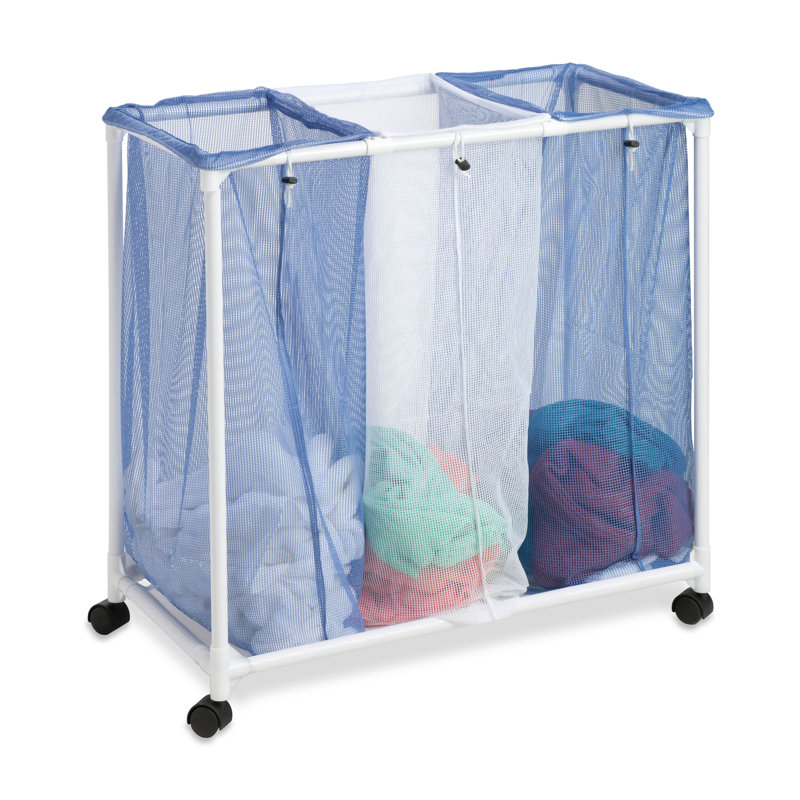 Blue and White 3-Bin Mesh Laundry Sorter with Wheels