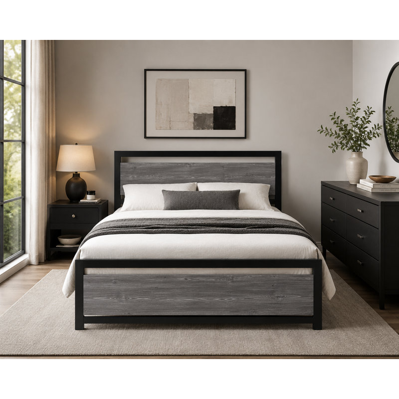 Lit plateforme en métal avec tête de lit, aucun sommier requis, moderne, noir, grand, Grand