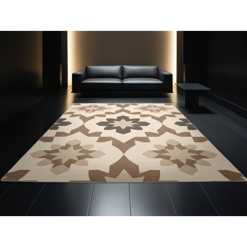 Tapis marocain d'inspiration mondiale lavable à la machine Manhasset - reliure beige, Rond 4 pi