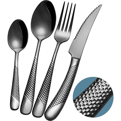Ensemble 16 pièces d'argenterie martelée noire moderne avec couteau dentelé 2-en-1 ultra tranchant