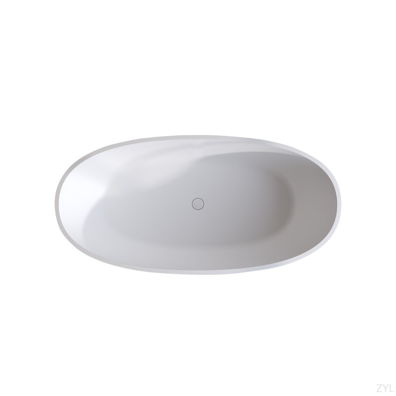 Baignoire de 59 po à surface solide matte, baignoire de trempage à surface solide, baignoire autoportante en résine de pierre, baignoires autoportantes à rebord épais avec trop-plein, bonde escamotable, blanc mat (ovale)