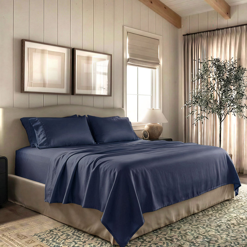 Ensemble de draps 100% coton Supima 1000 fils Threadmill, Ensemble de draps pour très grand lit avec 2 taie, Bleu Folkstone
