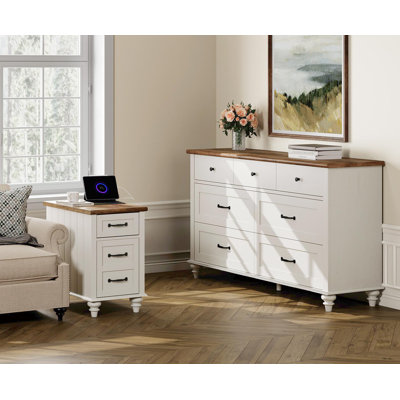 Evelet 2 Piece Bedroom Set - Includes Farmhouse 7 Drawer Dresser, Wooden Side Table With Charging Station & Storage Cabinet, 2 Piece Dresser And Night