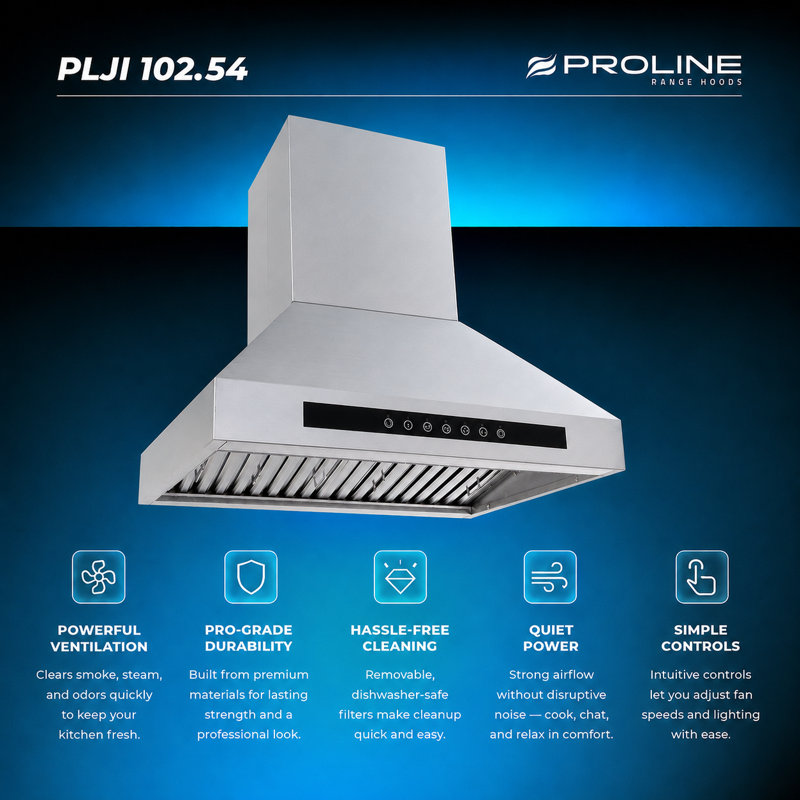 Hotte pour îlot de cuisine professionnelle PROLINE de 54 pouces, 1 200 pi³ / min, acier inoxydable, lumières DEL, commande tactile ACL, moteur de soufflage ULTRA-SILENCIEUX, 4 vitesses, garantie de 3 ans
