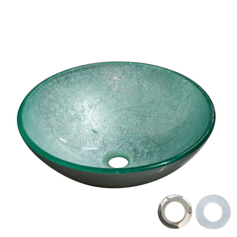 17" Green Textured Tempered Glass Round Vessel Bathroom Sink