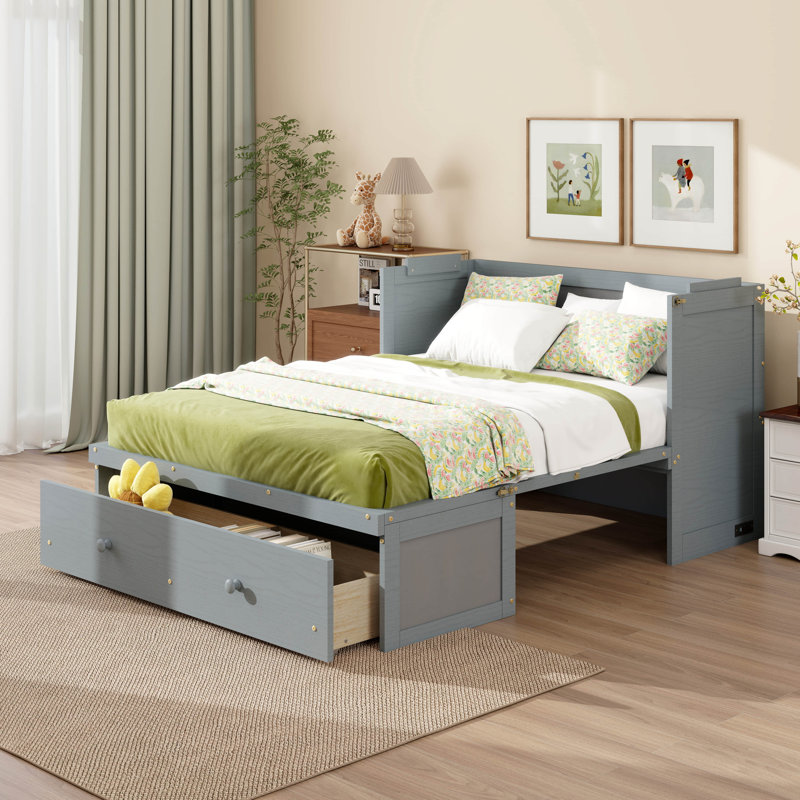 Murphy Bed Cabinet, Solid Pine Wall Bed Chest With USB, Charging Station And Large Storage Drawer, Gray