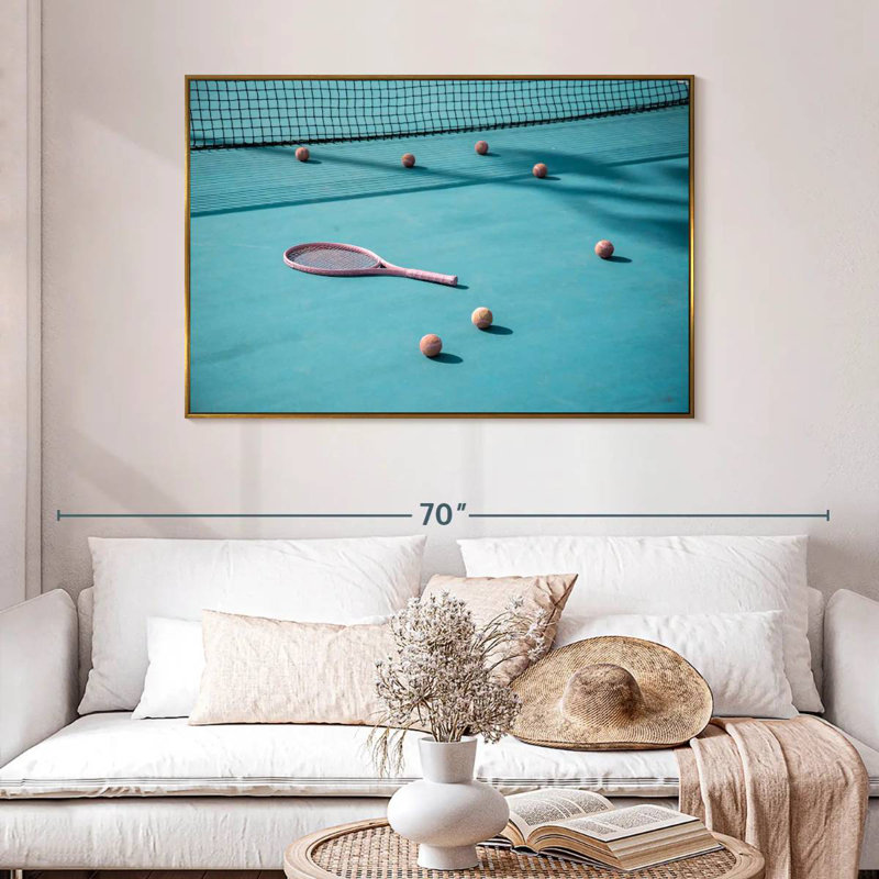 Tennis bleu, 46 po x 31 po, Cadre flottant doré