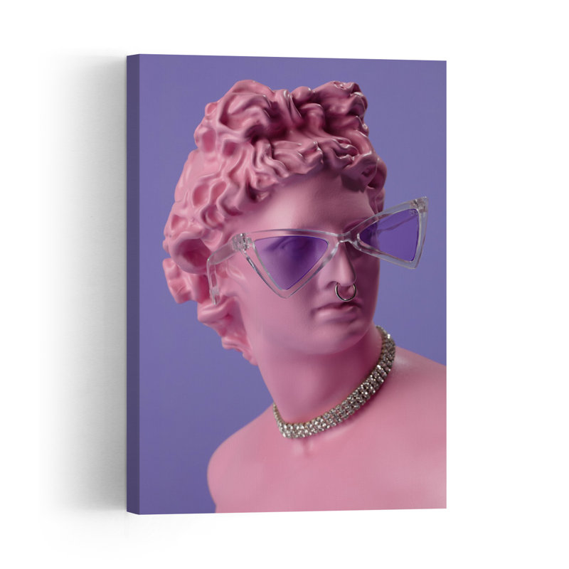 Pink Statue Purple Sunglasses Abstract Contemporary Wall Art Print 1 Piece Wrapped Canvas Wall Art, 91.44cm H x 60.96cm W