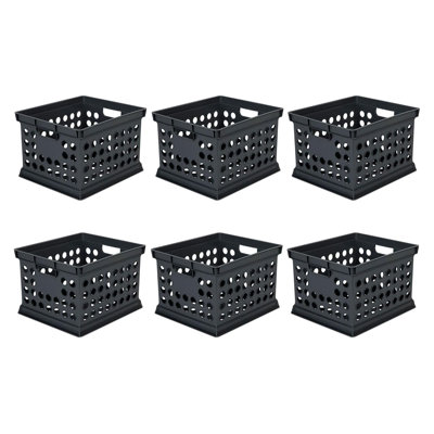 6 Pack Black Plastic Storage Crate Bin with Handles, Home Office Utility File Organizer