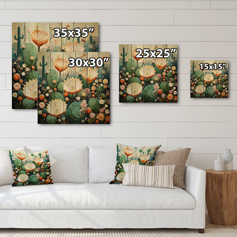«Kavantzas Coral Green Cactus Desert Blooms Pointillism II» sur impression sur bois, H 35 po x l 35 po x P 0,78 po