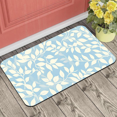 Front Door Mat, Light Blue and Cream Leaf Doormat Outdoor Entrance, Non-Slip Low Profile Absorbent and Easy Clean Outdoor Welcome Mat for Entryway Pat