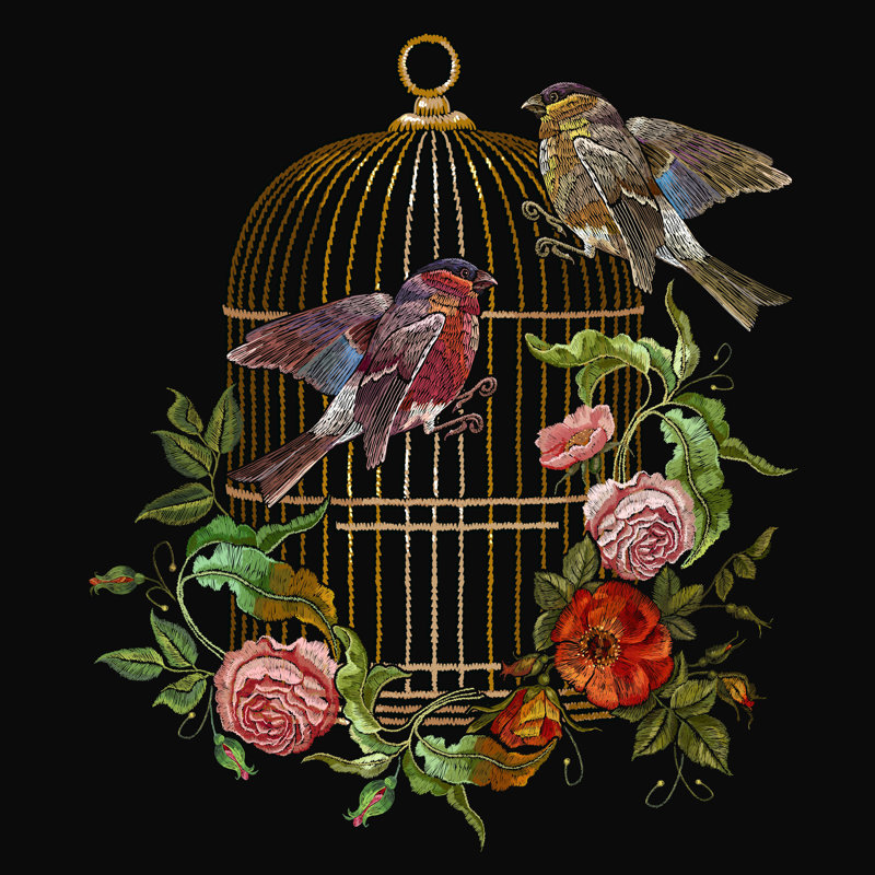 Palmier brodé, oiseaux, cage par Matriyoshka - impression sur toile tendue, H 30 po x l 30 po