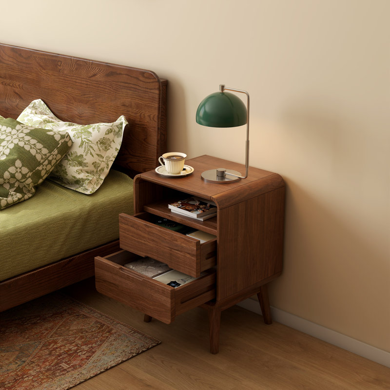 42cm W Solid Wood Bedside Table, 2 Drawers, American Walnut