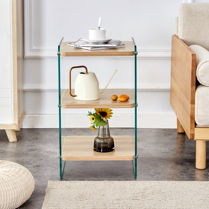 Three-layer bedside cabinet: mdf with wood stickers, tempered glass sides, simple elegant design, ample storage (110 characters)