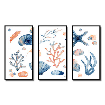 Coquillages bleus et roses sur fond blanc - ensemble d'art mural encadré nautique et côtier sur 3