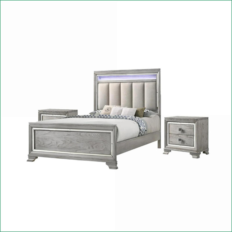 Table de chevet contemporaine à 2 tiroirs avec accents de miroir biseauté gris clair