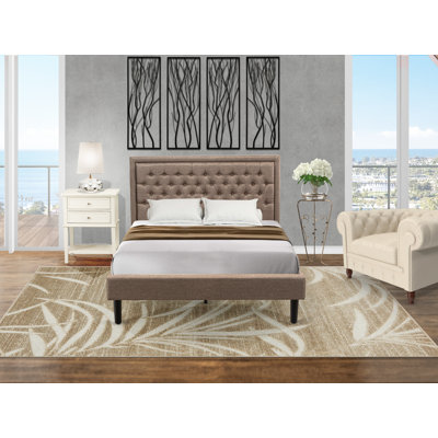 2 Piece Bed Set Queen - 1 Queen Bed Brown Linen Fabric Padded and Button Tufted Headboard with 1 Wood Nightstand - Distressed Jacobean Finish Nightstand