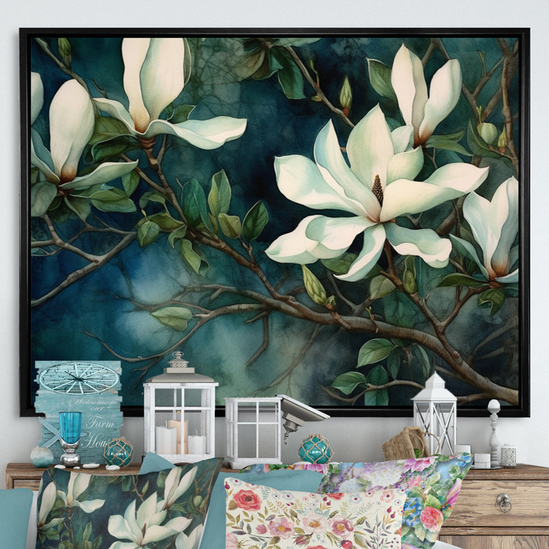 Magnolias vert et blanc - art mural floral pour le salon, H 12 po x l 20 po x P 1 po, Cadre flottant noir