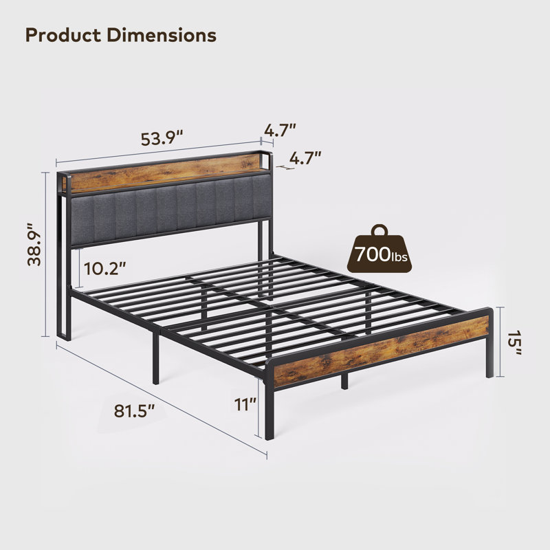 Lit plateforme moderne en métal avec tête de lit rembourrée en lin et tablettes ouvertes - conception à pieds hauts, Double