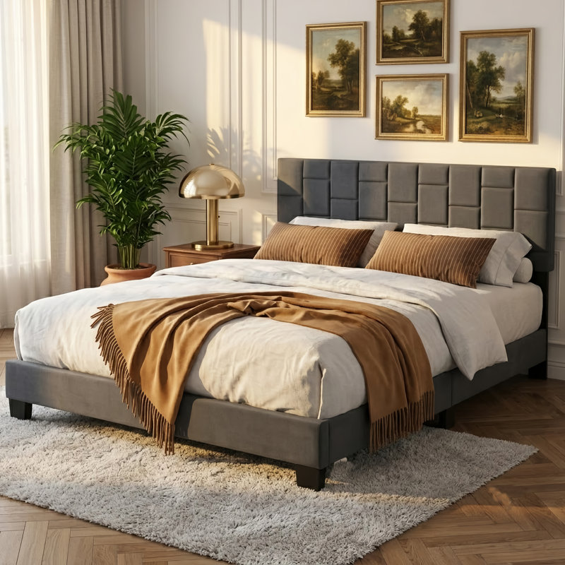 Structure de lit plateforme en velours avec tête de lit tapissier, gris, Lit double