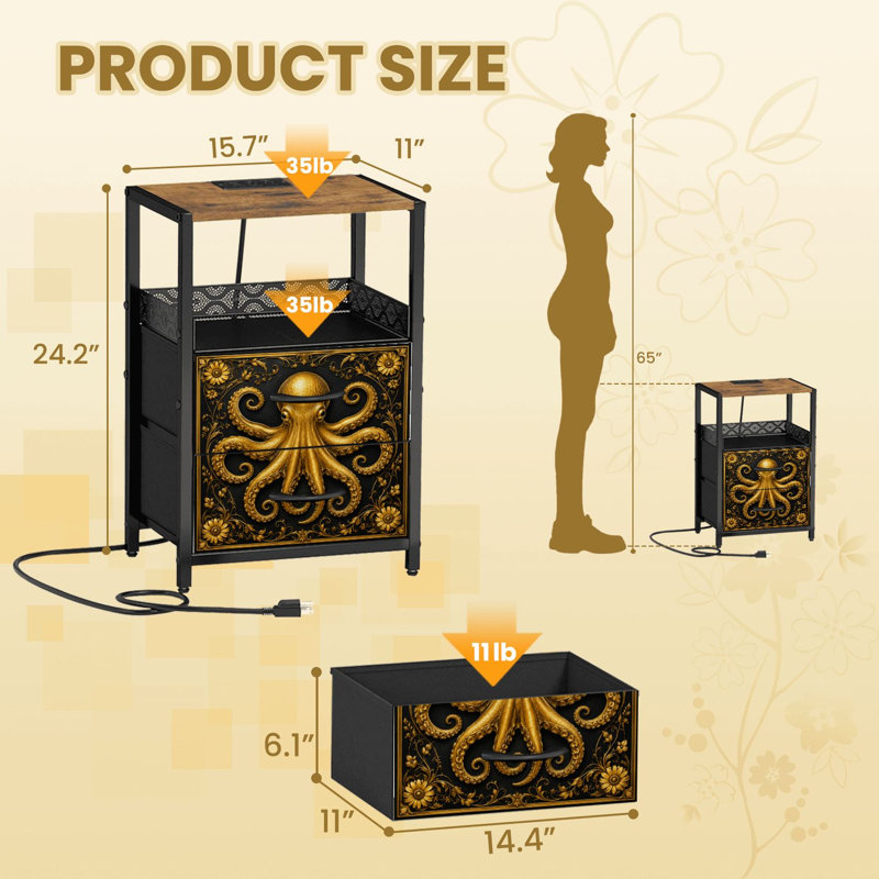 Table de chevet 2 tiroirs en tissu avec station de charge Golden Octopus
