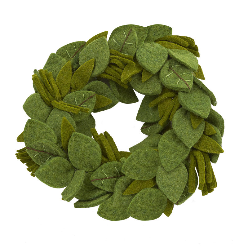 Handmade Hand Felted Wool Wreath - Green Leaves With Embroidery - 14"