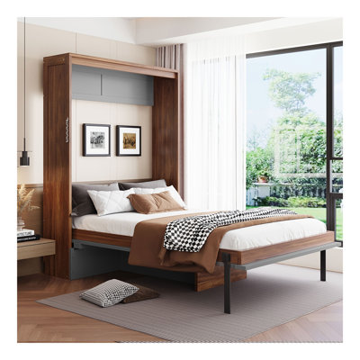 Lit escamotable double avec bureau pliable - Lit escamotable mural - Noyer et gris