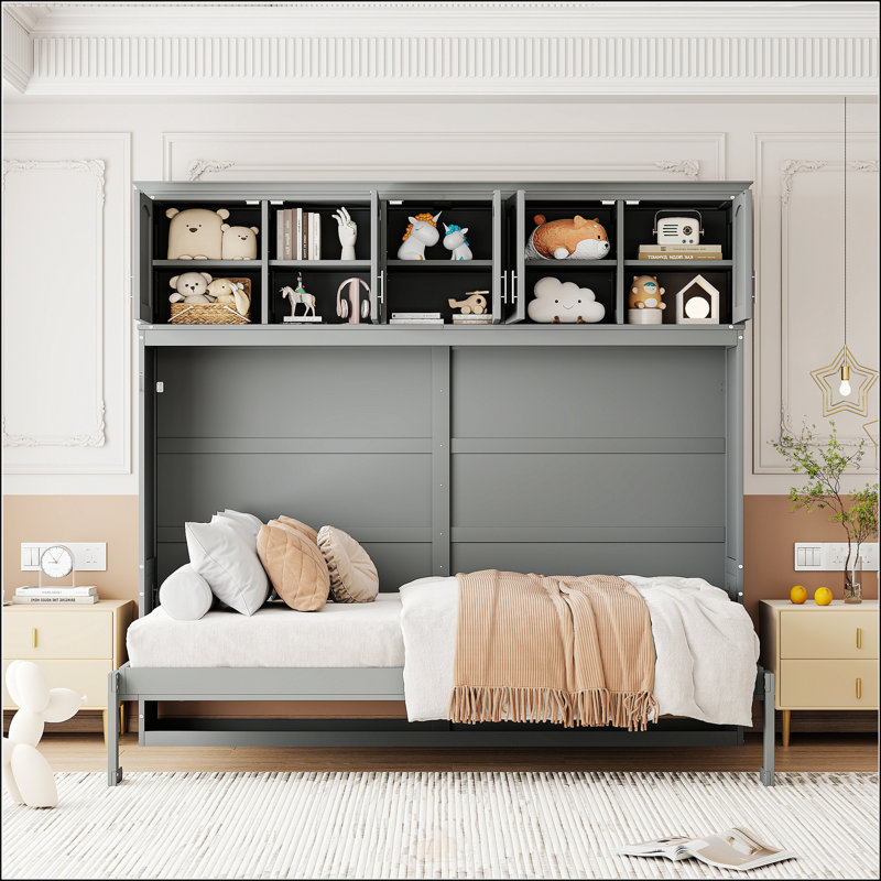 Grand lit escamotable avec armoires supérieures, Gris, Grand lit