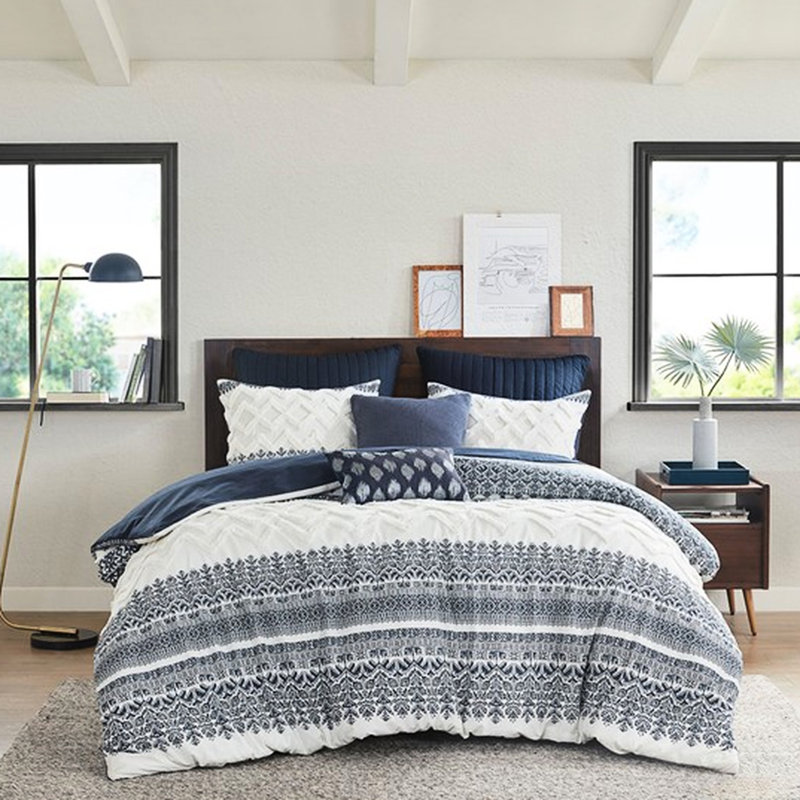 Housse de couette pour grand lit 3 pièces, capitonnage en chenille, motif blanc, chic, housse en coton à boutons double / grand, imprimé bleu marine, look, 2 taies décoratives incluses