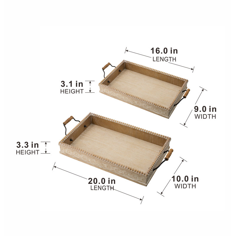 Set of 2 Rustic Brown Fir Wood and Iron Trays with Beaded Trim, Farmhouse Nesting Trays with Handles for Serving, Organizing, or Display, 19” and 16”