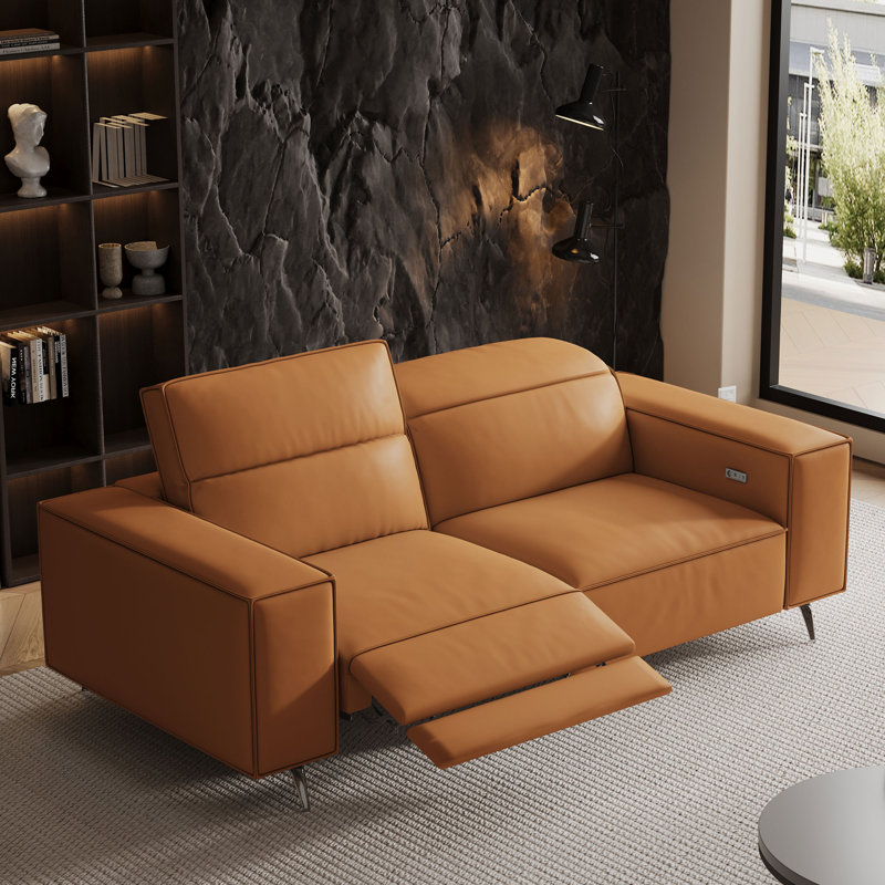 Nolynn 76.77"W Breathable Top Grain Leather Dual Power Reclining Sofa in Orange with Manual Adjustable Headrests and USB Ports
