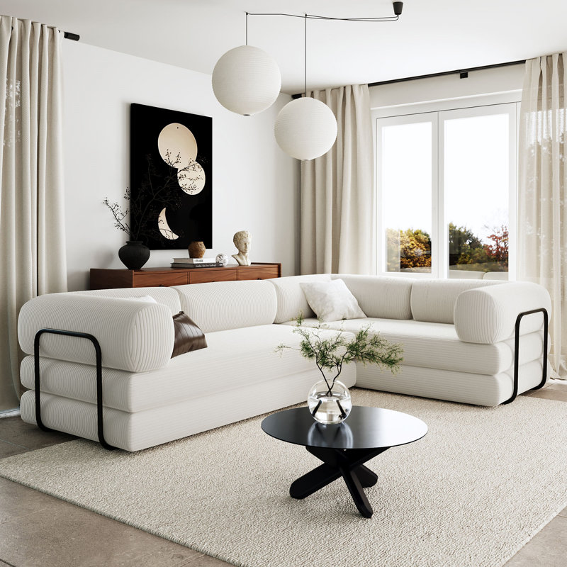 Canapé-lit modulaire en L en velours côtelé, H 29,9 po x l 115 po x P 78,7 po, Polyester beige