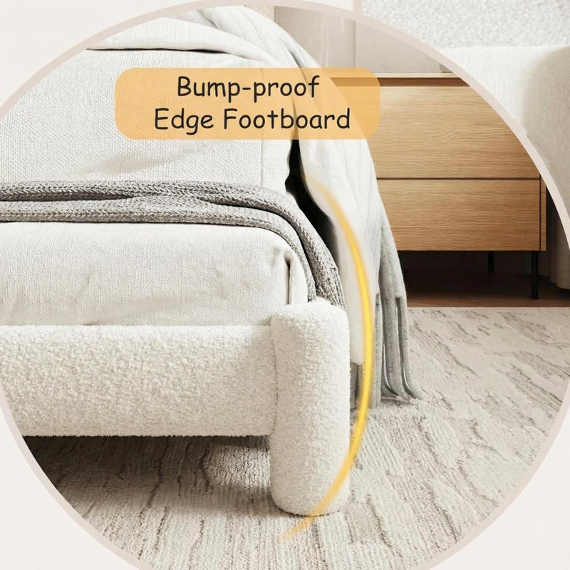 Platform Bed Frame, Cloud Collection with Boucle Upholstery & Rounded Headboard, Heavy Duty & Noise Free, Twin Size/White