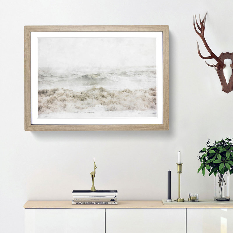 Sea Waves in Iceland - Picture Frame Painting Print, 45cm H x 63cm W x 2cm D, Oak Framed