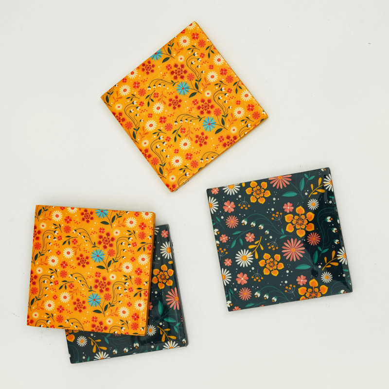 Sunburst Bloom Floral Coaster Set of 4, 4" Square Decorative Drink Coasters with Colorful Enamel Print