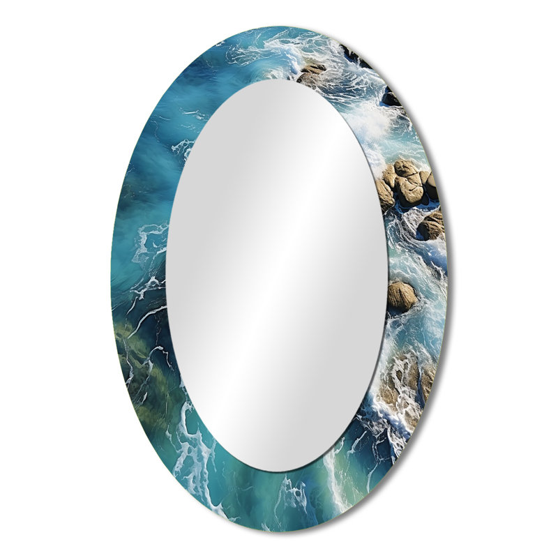 Vue aérienne de l'île tropicale V - miroir mural ovale bleu, 36 po x 24 po