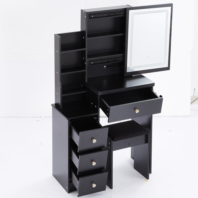 Black Entryway Desk And Stool - 2 Ac & , Touch Control Led Mirror With , American Style Small Space- Vanity Table Chair , + Power Station, Sliding Mirror, Option, ,