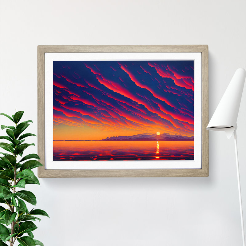 Contemporary Ocean Sunset - Framed Print, 25cm H x 34cm W x 2cm D, Oak