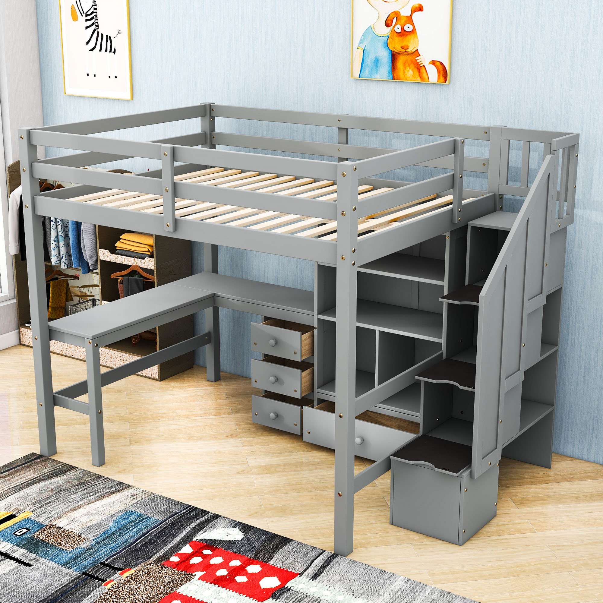 Harriet Bee Full Loft Bed With Desk And Drawers And Cabine | Wayfair