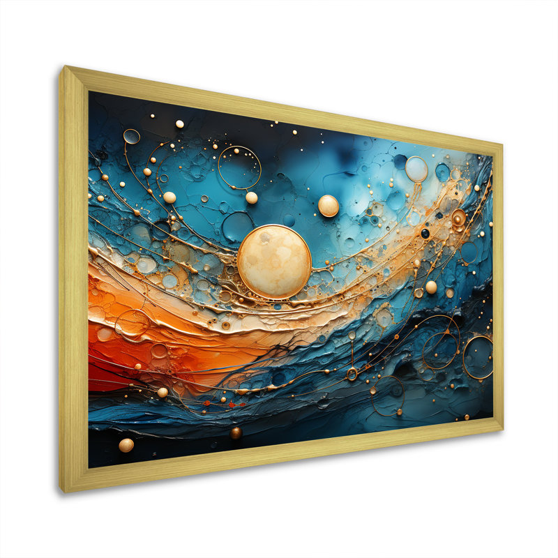 " Beige Planetary Harmony On Blue ", Gold Picture Framed Canvas, 30" H x 40" W x 1.5" D
