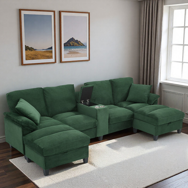 Canapé modulaire moderne en forme de U avec porte-gobelets, ports USB et repose-pieds avec rangement, Velours côtelé vert