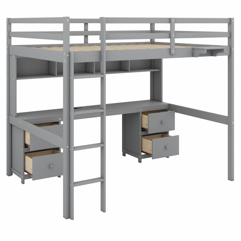 Lit mezzanine avec bureau, armoires, tiroirs et plateau de chevet, station de charge, Gris