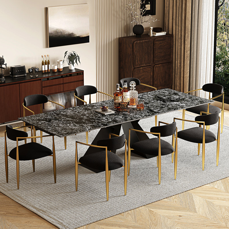 Ensemble de table de salle à manger 9 pièces 110,24 po avec 8 accoudoirs rembourrés en tissu, Nuit étoilée noire, Noir / or