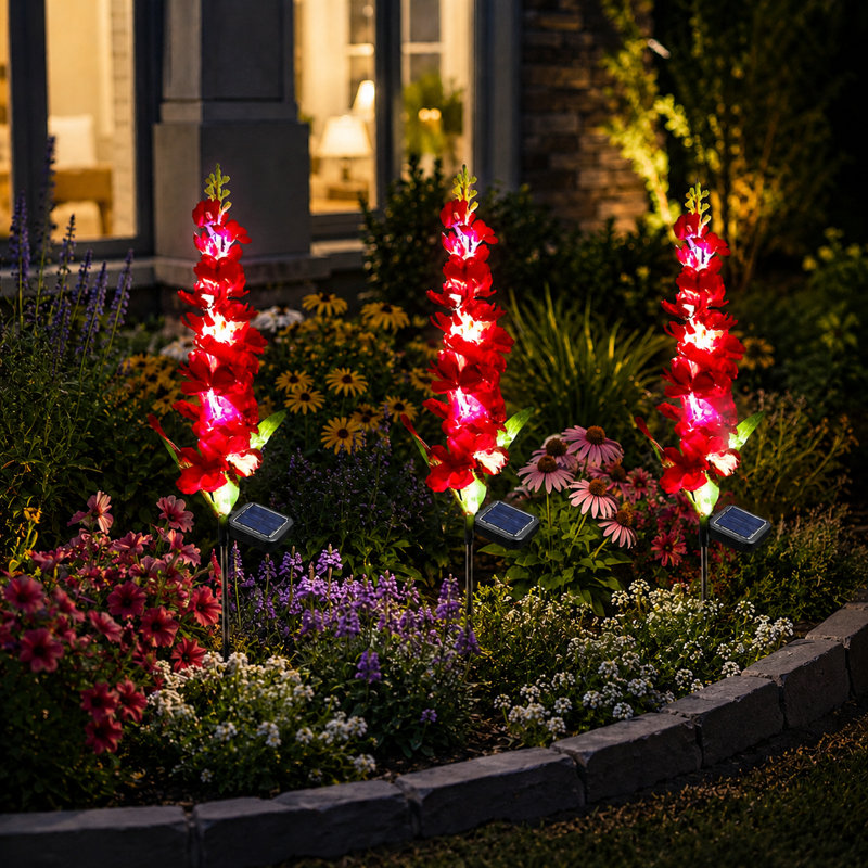Éclairage solaire à fleur solaire avec piquets Delphinium IP65 imperméable avec 2 modes pour le patio, Rouge