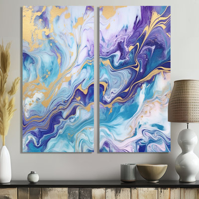 Turquoise et mauve liquide Art V - fractales abstraites, art mural 2 panneaux