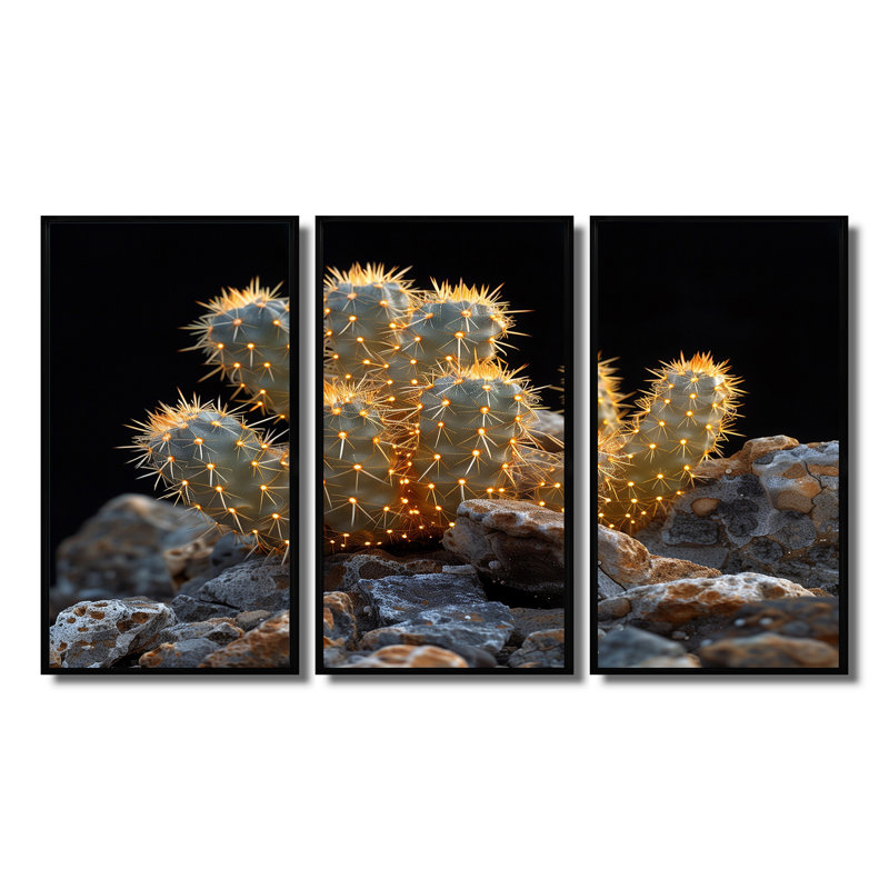 Ensemble de salon art mural jaune Cactus I, H 28 po x l 36 po, Cadre flottant noir