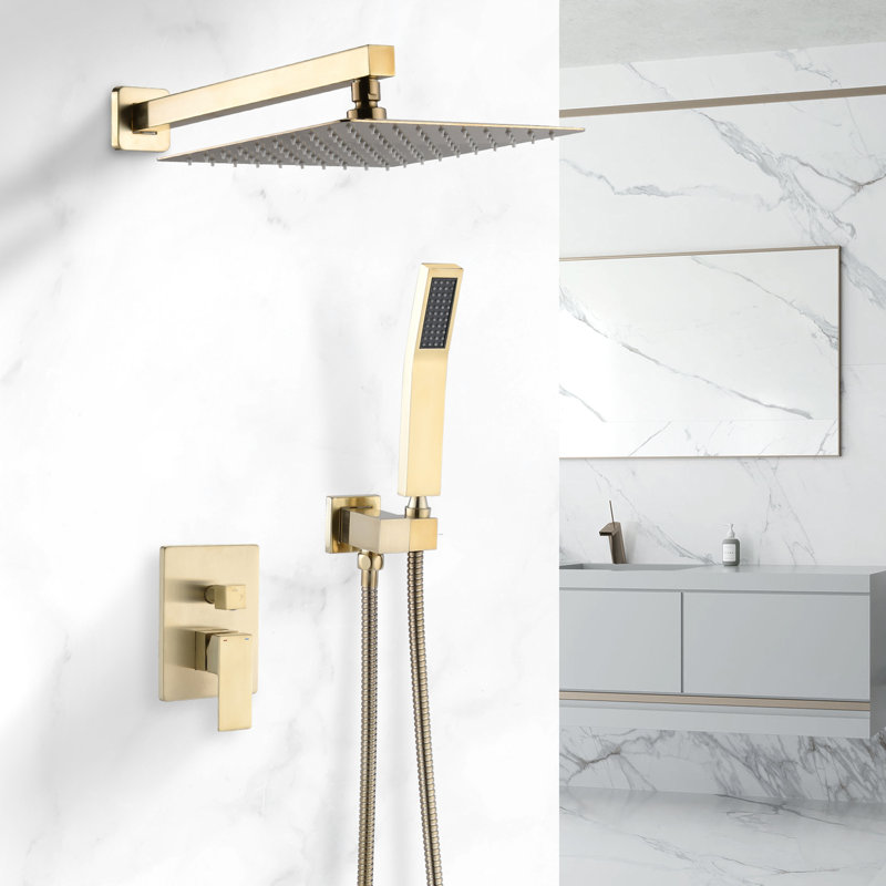 Douche de 10 pouces en or brossé avec poignée à levier, inverseur et protection contre les brûlures pour la salle de bain.