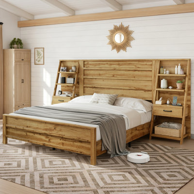 Coey Farmhouse Queen Platform Bed with Headboard, Bookshelves, Charging Station and Drawers, Natural Oak