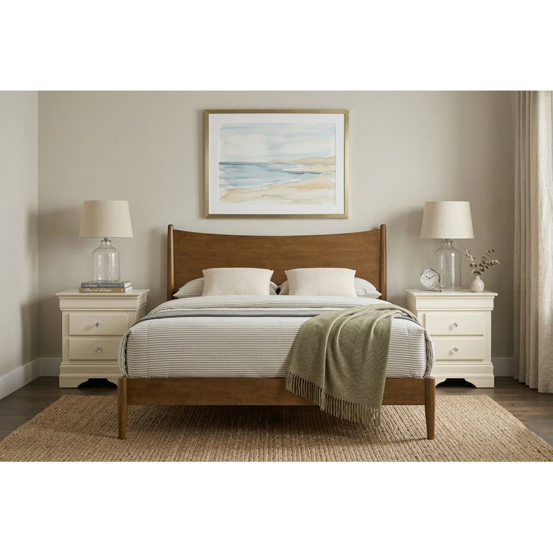 Barvelle Solid Wood 3 Pieces Bedroom Set, Brown/Ivory, 3 Pcs: Bed, 2 Nightstands