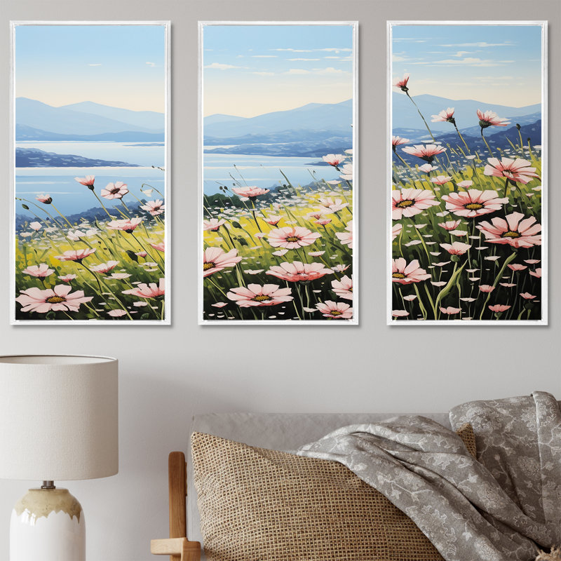 Zinnias Charm In Mountain - Ensemble de décorations murales Zinnias, Cadre flottant blanc, H 40 po x l 60 po x P 1 po